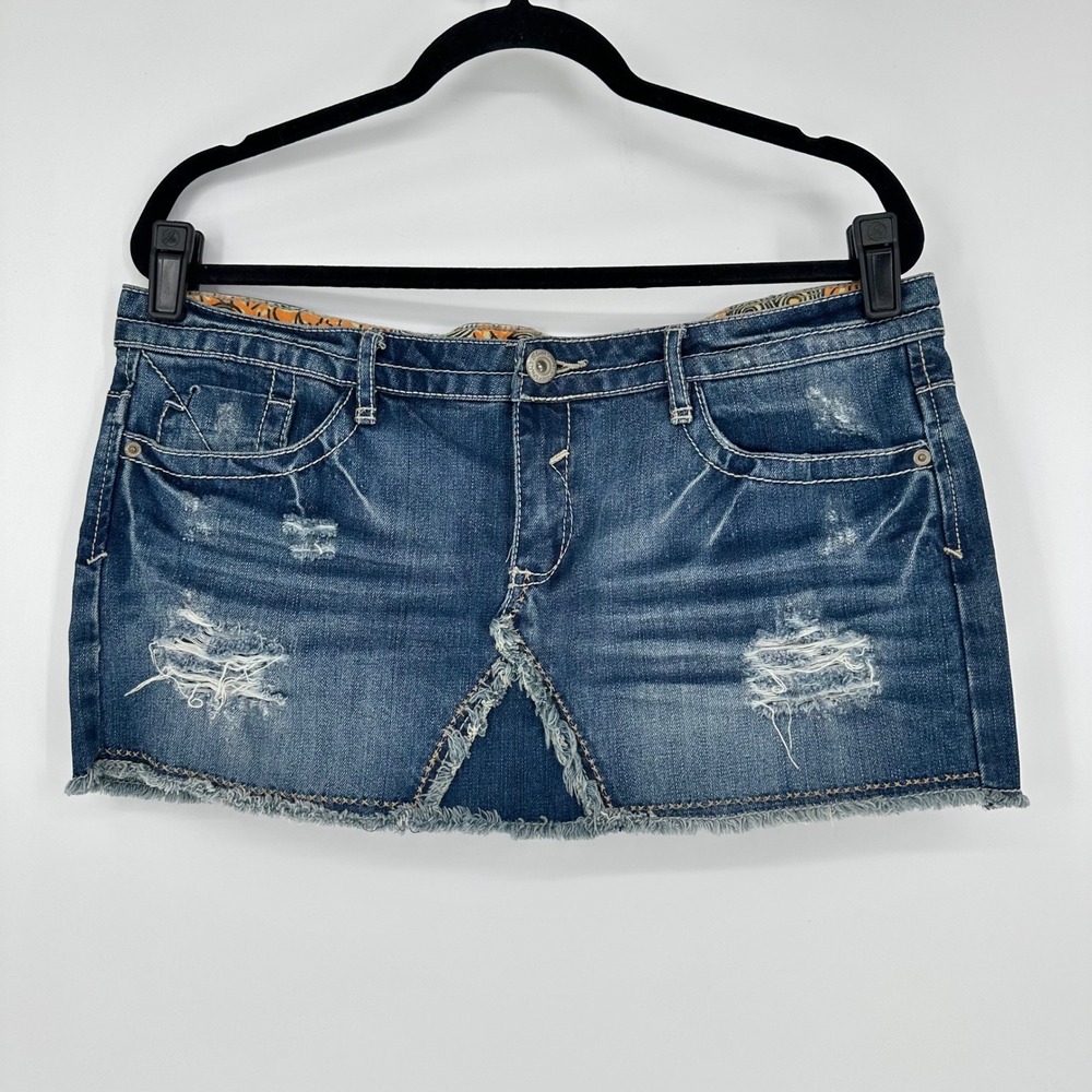 Y2K NEW Blue Asphalt Denim Distressed Blue Mini Skirt Raw Hem Faded XL 15 2000
